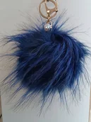 Breloki - Duży Brelok Futro Pompon Granatowy Pasma I Perła Do Kluczy Złote Kółko - miniaturka - grafika 1