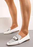 Mokasyny damskie - Białe Płaskie Mokasyny Ozdobione Ćwiekami na Kwadratowym Nosku Rosagold - miniaturka - grafika 1