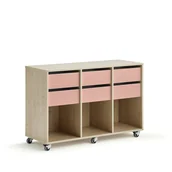 Meble do szkół i przedszkoli - Regał szkolny CASPER, 6 szuflad, 3 przegrody, brzoza, ciemnoróżowy - miniaturka - grafika 1