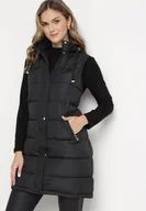 Kamizelki damskie - Czarna Pikowana Długa Kamizelka z Odpinanym Kapturem i Kieszeniami na Suwaki Egonma - miniaturka - grafika 1