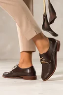 Półbuty damskie - Czekoladowe półbuty skórzane damskie z wzorkiem płaskie złota ozdoba sznurowane PRODUKT POLSKI Casu 5761-SLTO H - miniaturka - grafika 1