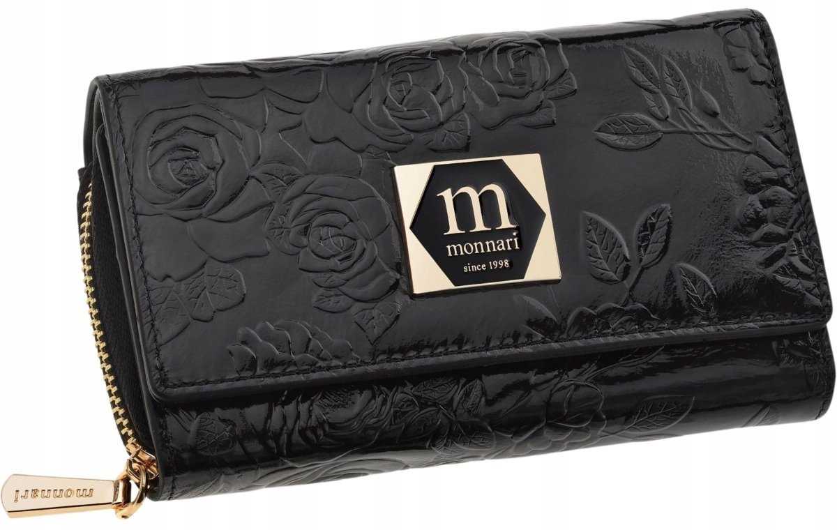 Duży Portfel Damski Monnari Skórzany Na Prezent Elegancki Kwiaty Czarny