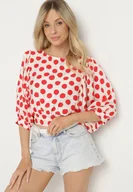 Bluzki damskie - Biało-Czerwona Wiskozowa Bluzka z Rękawami Nietoperz Wiązana na Dole w Kropki Divesse - miniaturka - grafika 1
