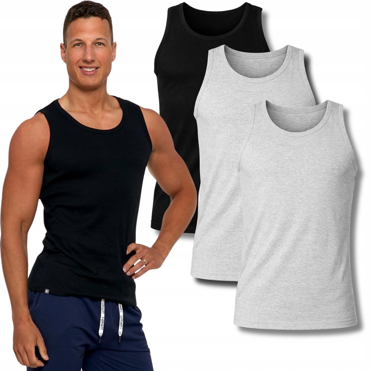 3X PODKOSZULKA KOSZULKA MĘSKA BAWEŁNIANA GŁADKA TANK TOP 3PAK MORAJ 3XL BLACK ; GREY