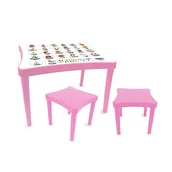 Stoliki dla dzieci - Jamara 460736 Easy Learning 3-częściowy zestaw mebli do siedzenia dla dzieci, wykonany z wytrzymałego tworzywa sztucznego, nadaje się do użytku wewnątrz i na zewnątrz, zaokrąglone krawędzie, nie zajmuje dużo miejsca, można go rozłożyć, blat stołu ze zdjęciami nauczania, różowy - miniaturka - grafika 1