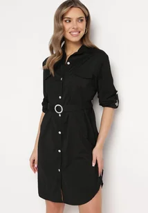 Czarna Sukienka o Koszulowym Fasonie z Paskiem z Cyrkoniami w Komplecie Iosali - Sukienki - miniaturka - grafika 1