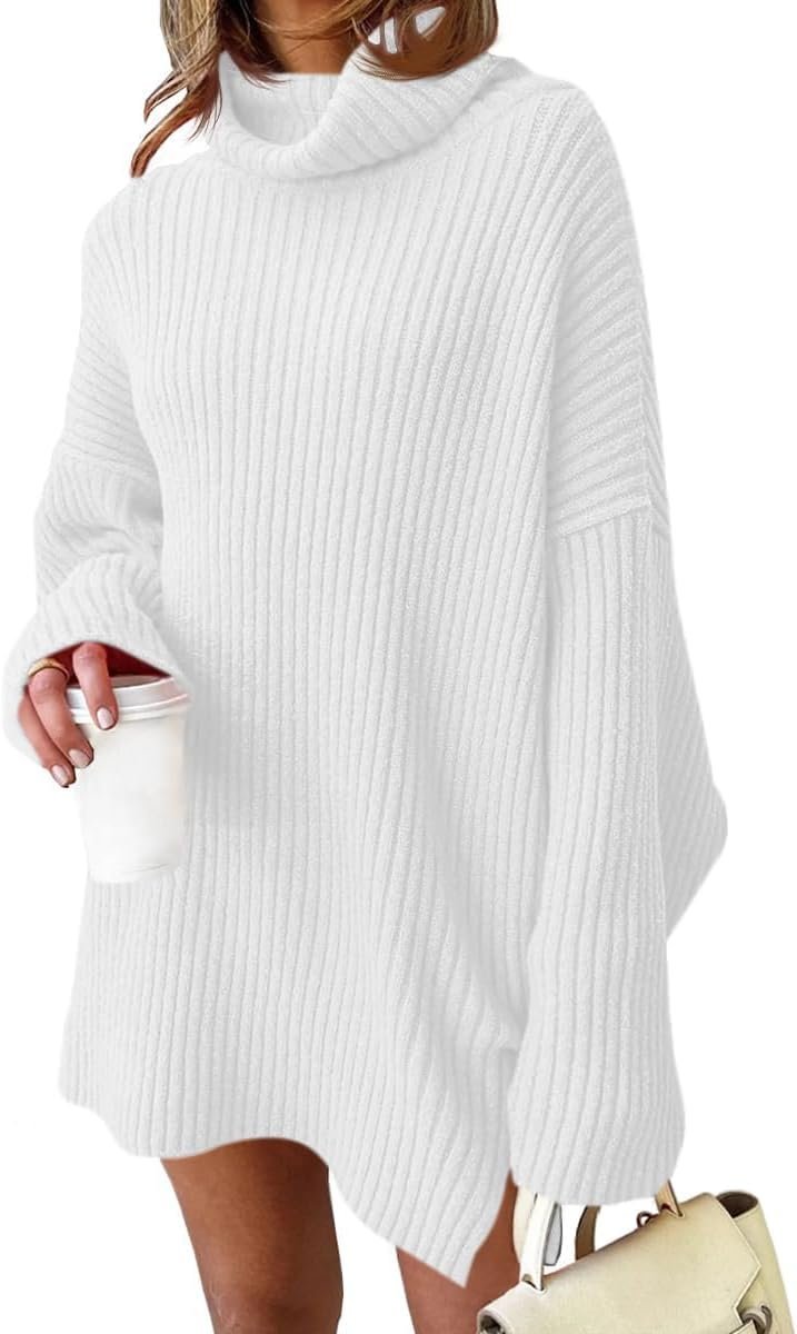 Damski Sweter Golf Sukienka Dzianinowa Oversized Wygodny Ciepły Biały S
