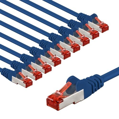 goobay 65970 CAT6 kabel sieciowy w zestawie 10 szt./kabel krosowy ekranowany S/FTP/CU Ethernet kabel, PiMF, LSZH/Cat 6 kabel z 10 Gbits/niebieski / 10 x 1 m