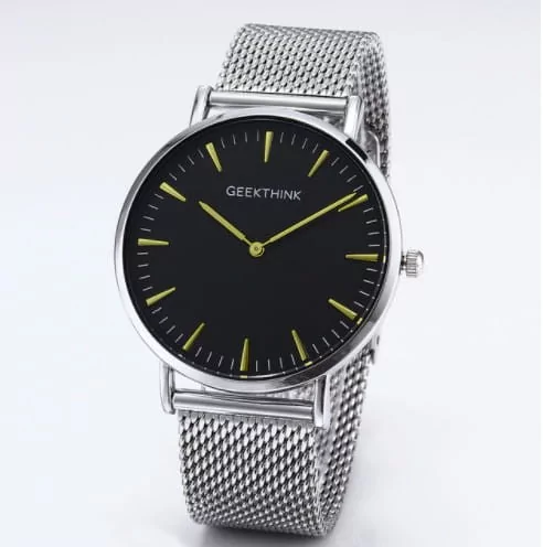 Zegarek premium GeekThink na srebrnej bransolecie - czarna tarcza - złote znaczniki