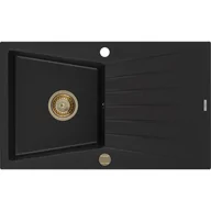 Zlewozmywaki - Mexen Cesar zlewozmywak granitowy 1-komorowy z ociekaczem 775 x 470 mm, czarny, syfon złoty - miniaturka - grafika 1