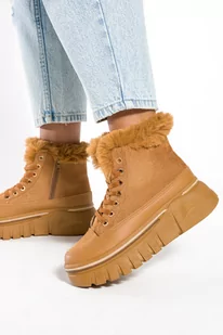 Camelowe botki sneakersy damskie z futerkiem sznurowane Casu 8237-2-38 - Botki damskie - miniaturka - grafika 1