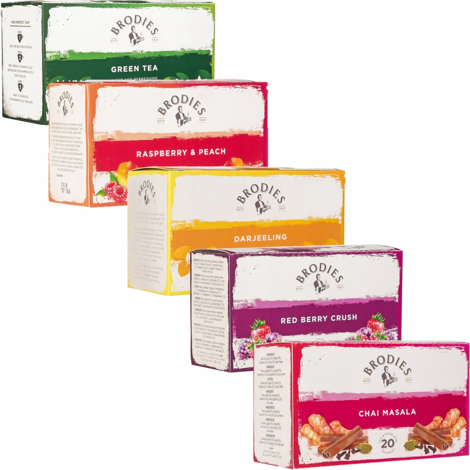 Zestaw herbat mix czarna zielona owocowa chai masala Brodies w saszetkach