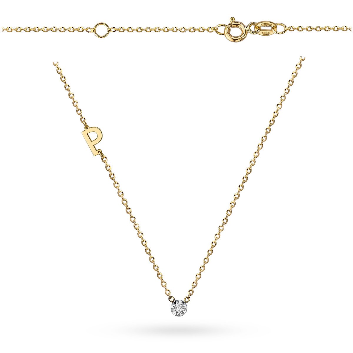 Naszyjnik z literką P i brylantem 0.02ct 38cm złoto pr. 585