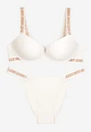 Komplety bielizny - Jasnobeżowy Komplet Ozdobiony Napisami z Biustonoszem z Efektem Push-Up i Majtkami Bralicia - miniaturka - grafika 1