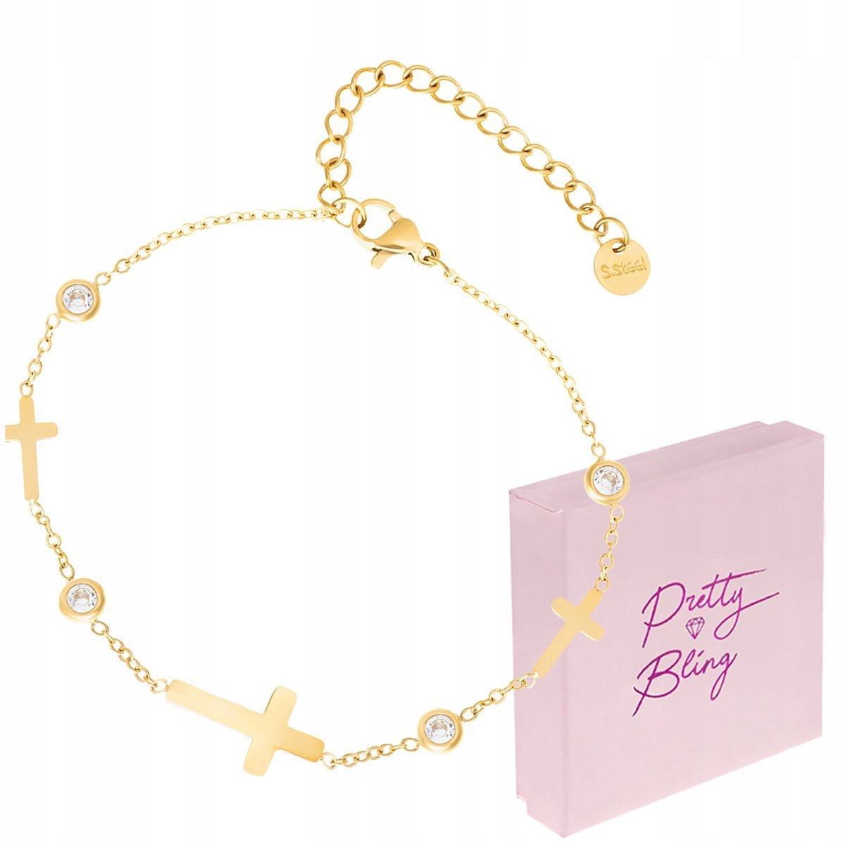 Bransoletka damska KRZYŻYKI cyrkonie regulowana złota stal 316l