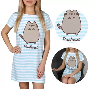 Pusheen Niebiesko-biała, damska koszulka do spania w paski, bawełniana koszulka nocna L - Piżamy damskie - miniaturka - grafika 1