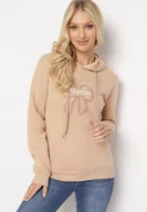 Bluzy damskie - Beżowa Polarowa Bluza z Kapturem i Ściągaczami Ozdobiona Nadrukiem Mleza - miniaturka - grafika 1