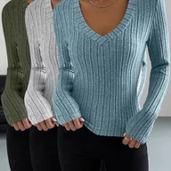 Bluzki damskie - TEMU 3 szt. Eleganckie Damskie Koszulki z Dekoltem w Serek - Miękkie, Żebrowane, Jednokolorowe na Jesień/Zimę, Wszechstronne do Codziennego i - miniaturka - grafika 1