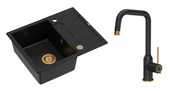 Zlewozmywaki z baterią - Quadron Unique Zlewozmywak granitowy jednokomorowy 62*50*22 cm z ociekaczem MORGAN 116 PURE CARBON z syfonem Push-2-Open w kolorze miedzianym z baterią NATALIE Q LINE PURE CARBON kolor czarny mat/wykończenie miedź - miniaturka - grafika 1