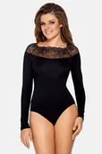 Bielizna nocna - Body damskie z długim rękawem i koronką MADDALENA czarne  S - miniaturka - grafika 1