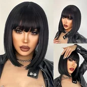 Pozostałe akcesoria fryzjerskie - TEMU Czarna frizura z wyciętymi włosami - Elegancka prostokątna syntetyczna peruka dla kobiet, długość na ramię, włókno o wysokiej temperaturze, - miniaturka - grafika 1