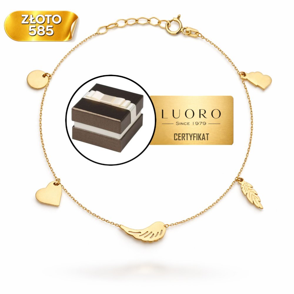 BRANSOLETKA ZŁOTA 585 14K MOTYW SERCE PIÓRKO SKRZYDEŁKO 17 CM REGULACJA