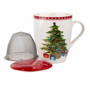Kubki - Altom Kubek porcelanowy z pokrywką i sitkiem Christmas tree, 300 ml - miniaturka - grafika 1