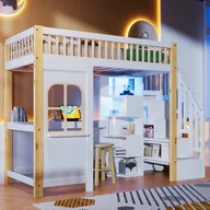 Łóżka dla dzieci i młodzieży - Łóżko piętrowe 90 x 200 z biurkiem, gniazdkiem do ładowania i przegródkami - Sosna + MDF + sklejka - Diody LED - Biały + naturalny (bez materaca) - miniaturka - grafika 1