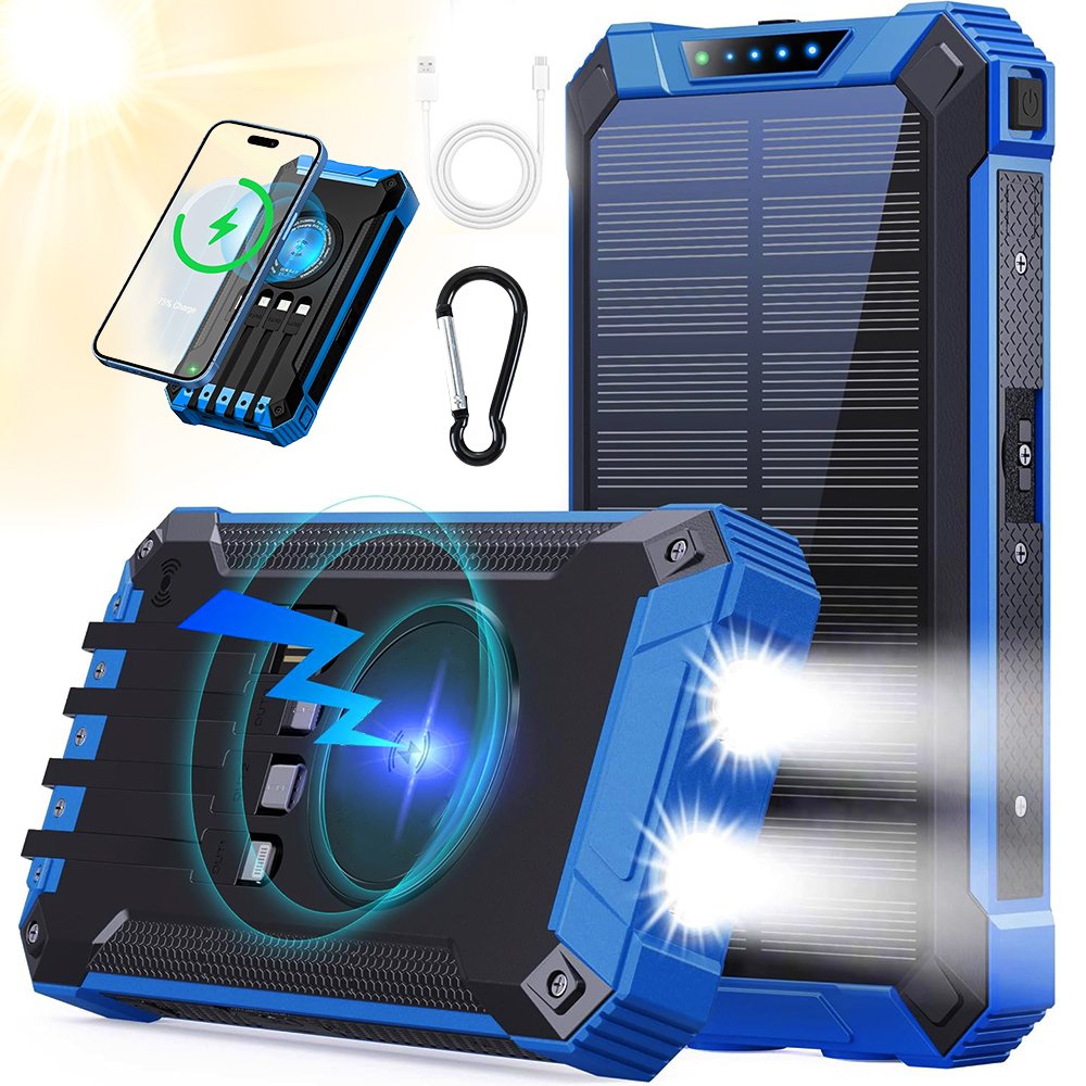 Powerbank Solarny 26800mAh Ładowanie Bezprzewodowe 4 Kable 3 Porty Latarka