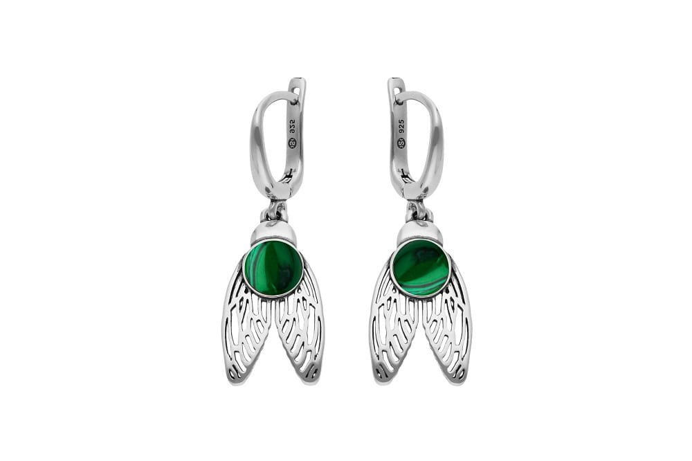Srebrne kolczyki skrzydła gładkie ażurowe z zielonymi kamieniami - Malachit