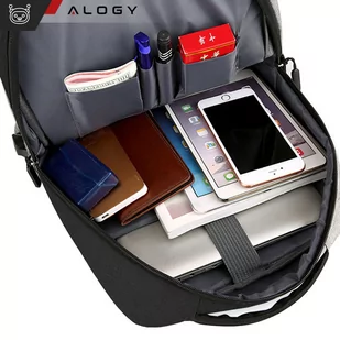 Plecak torba na laptopa 15,6" duży wodoodporny z portem USB Unisex 44x34x13cm Alogy Backpack Czarny - Torby fotograficzne i futerały - miniaturka - grafika 3
