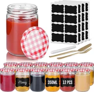 Długopisy - UISEBRT Zestaw 12 słoików na dżem z pokrywkami w czerwono-białą szachownicę - szkło borokrzemowe 350 ml, hermetyczne zamknięcie, z etykietami i długopisem, do przypraw, herbat i nie tylko - miniaturka - grafika 1