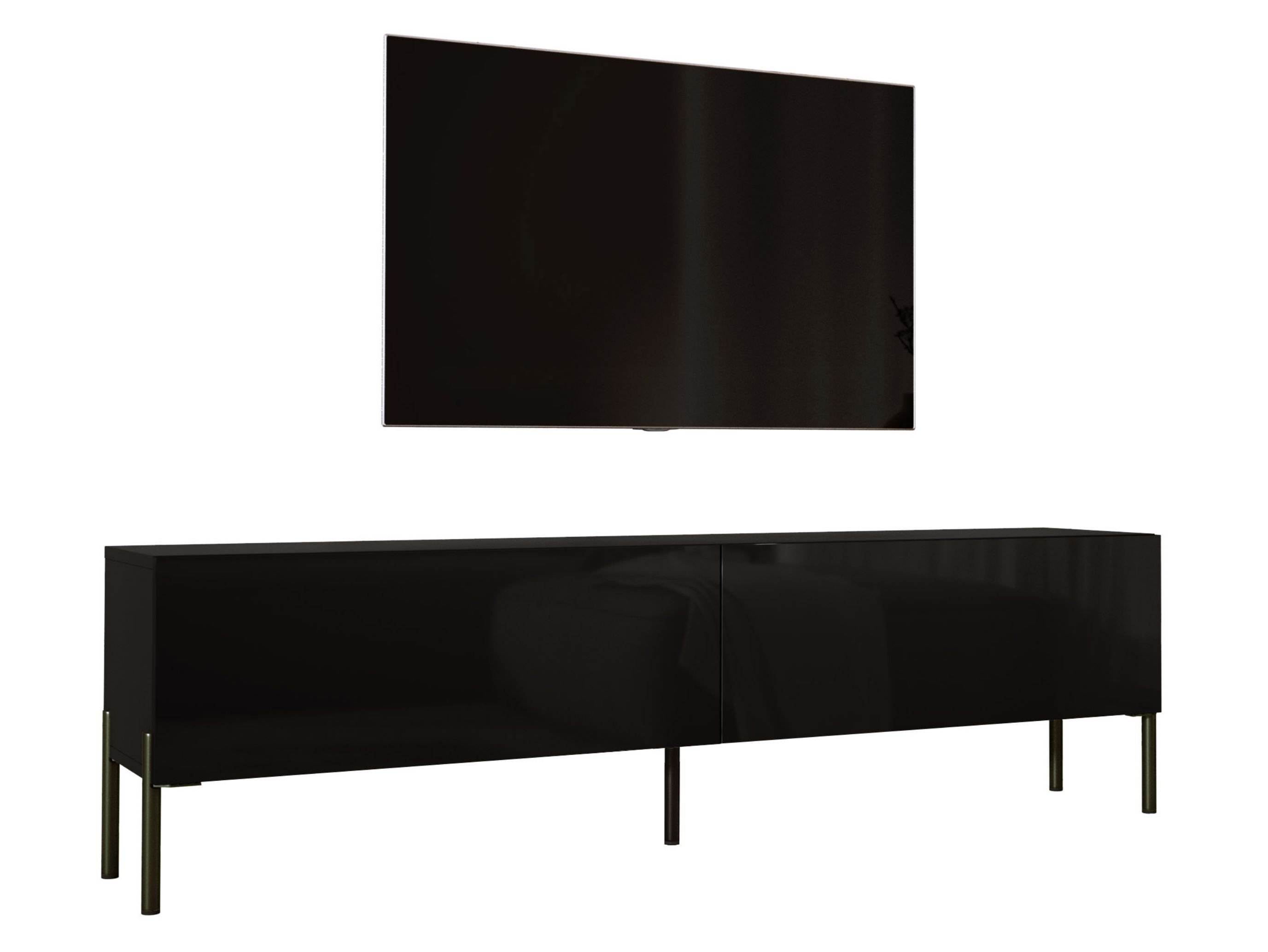 Szafka pod telewizor w kolorze czarnym matowym / czarnym błyszczącym z nogami w kolorze czarnym, A: szer: 170 cm cm, wys: 52 cm, gł: 32 cm. Meble pod telewizor, stolik pod telewizor, ława pod telewizor