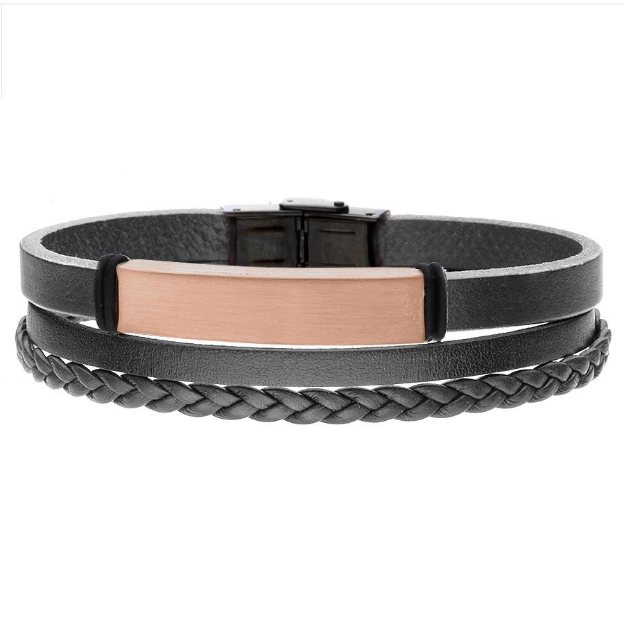 Bransoletka męska do grawerunku czarne rzemienie i brązowa matowa blacha.
