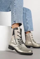 Botki damskie - Szaro-Złote Botki Workery ze Sznurowaniem i Zapięciem na Suwak Vemida - miniaturka - grafika 1