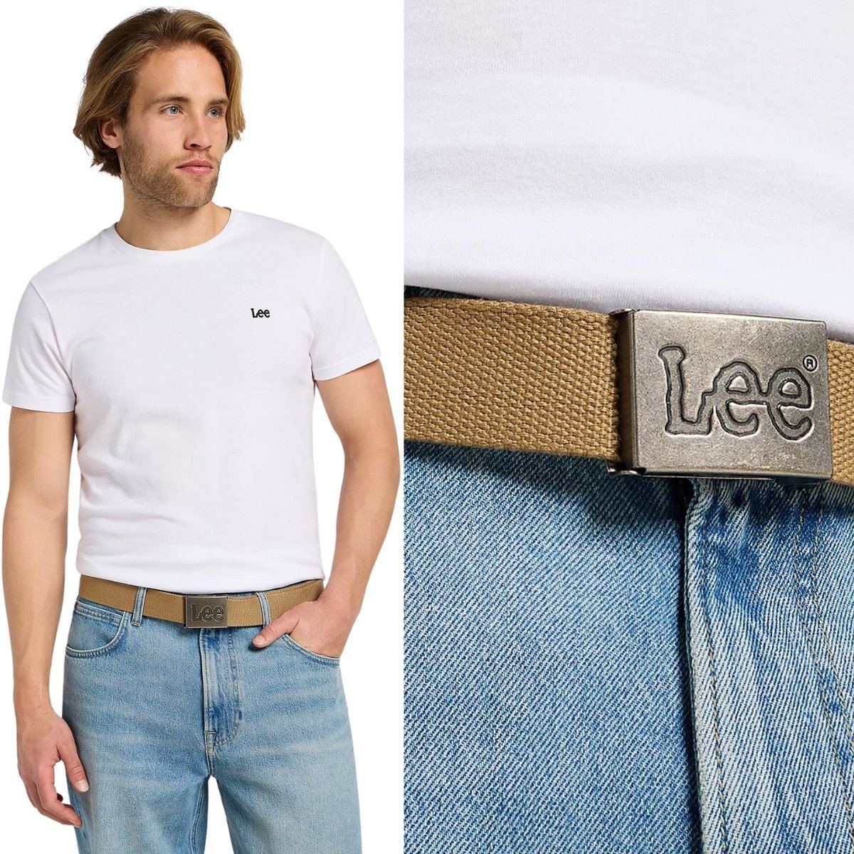 Lee WEBBING BELT Glazed Ginger BEŻOWY PASEK PEŁNA KLAMRA Z LOGO Rozm. 95 cm