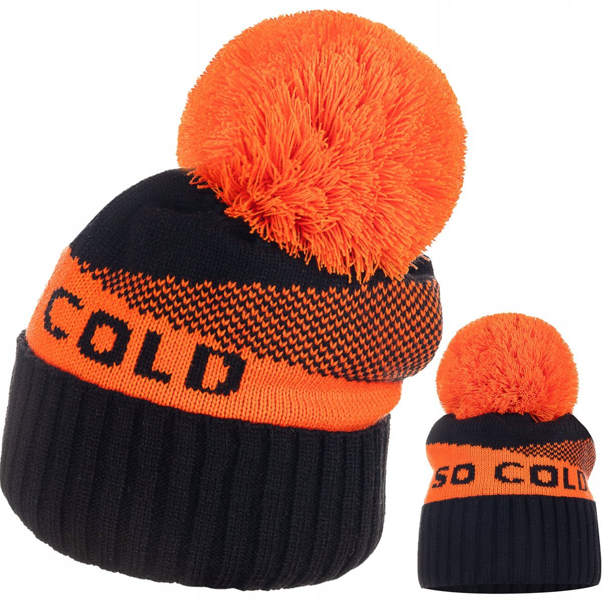 Czapka Damska Kobieca So Cold We Wzór Z Pomponem Czarny Pomarańczowy