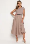 Sukienki - Ciemnobeżowa Rozkloszowana Sukienka z Paskiem z Imitacji Skóry Drinna - miniaturka - grafika 1