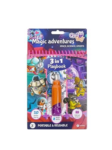 QwiToy 35159 Magiczna przygoda 3 w 1, 3 zajęcia, kolorowanka z kolorowym długopisem, otwierana sceneria z naklejkami, sceneria 3D Pop-up z naklejkami