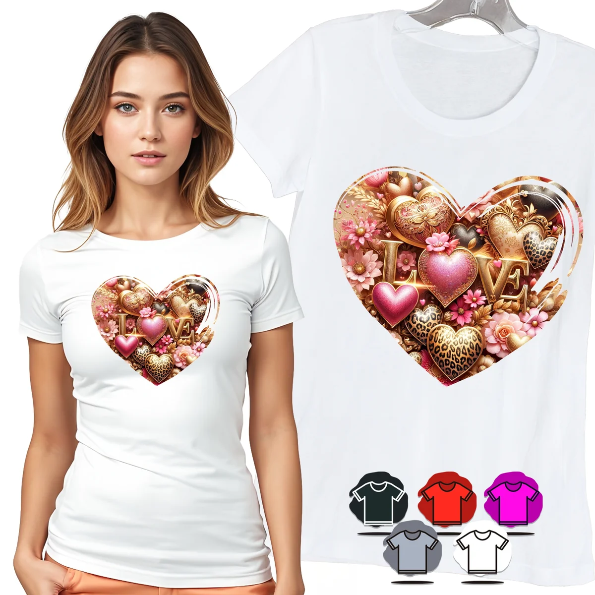 KOSZULKA DAMSKA T-SHIRT - SERCE LOVE ZŁOTE OZDOBY ELEGANCKI PREZENT - M