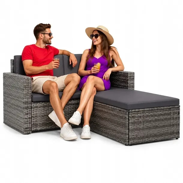 Zestaw Wypoczynkowy Rattanowy do Ogrodu, Szary, Sofa 123x65x72 cm, Podnóż