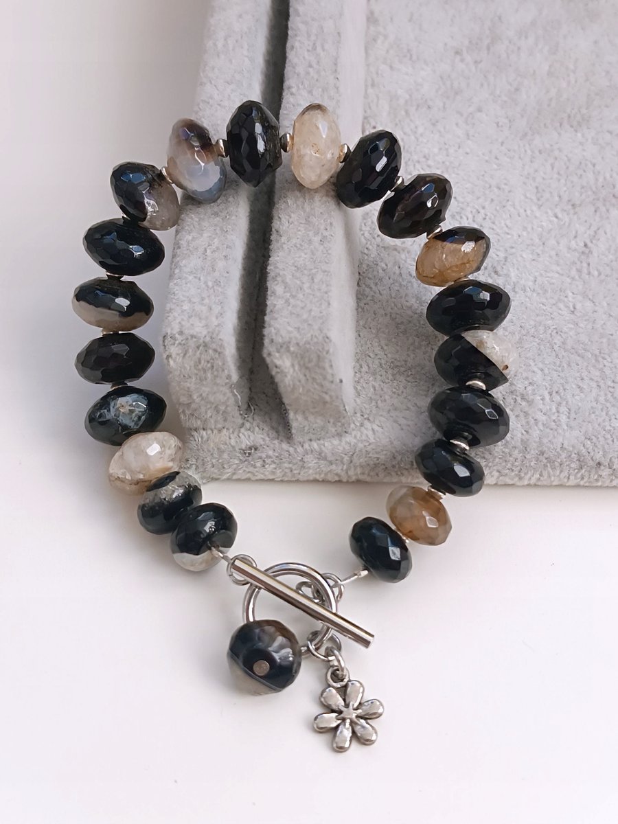 Bransoletka AGAT brąz czarny beż bransoletka z kamieni oponka szlif stal