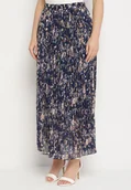 Spódnice - Granatowa Rozkloszowana Spódnica Plisowana z Metalicznym Nadrukiem w Kwiatowy Wzór Folireia - miniaturka - grafika 1