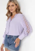 Koszule damskie - Jasnofioletowa Koszula z Koronkowym Rękawem i Dekoltem Audrina - miniaturka - grafika 1