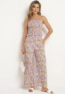 Komplety damskie - Różowo-Fioletowy Bawełniany Komplet Top na Ramiączkach z Marszczeniami Spodnie z Gumką w Pasie Elaruth - miniaturka - grafika 1