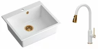 Zlewozmywaki z baterią - Quadron Zlewozmywak granitowy jednokomorowy 57*50*22 cm MORGAN 110 SNOW WHITE z miedzianym odpływem z baterią JESSICA Q LINE SNOW WHITE z wyciąganą wylewką i funkcją prysznica kolor biały mat/wykończenie miedź - miniaturka - grafika 1