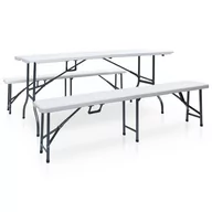 Meble ogrodowe - vidaXL Składany stół ogrodowy z 2 ławkami, 180 cm, stal i HDPE, biały - miniaturka - grafika 1