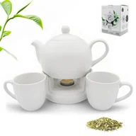 Herbata - Dzbanek 2 Kubki Z Podgrzewaczem Biały Imbryk Kamionka Herbata 1L - miniaturka - grafika 1