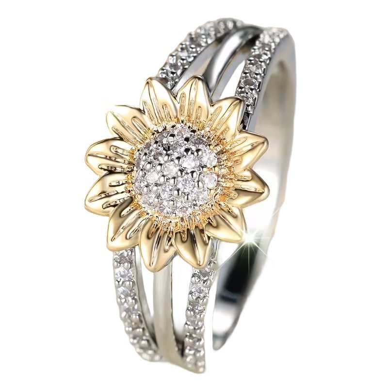 Elegancki Srebrny Pierścionek Ze Złotym Słonecznikiem Roz. 18