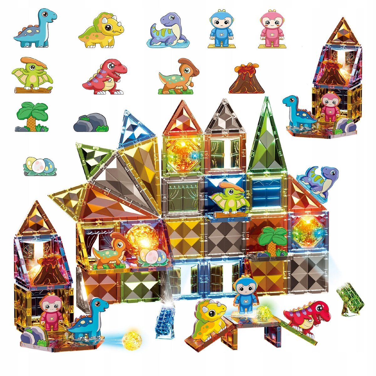 Magnetyczne Klocki Konstrukcyjne Świecący Zestaw Dinozaury Magnesy Led 98El